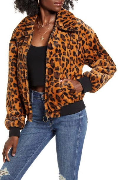 Shop Joa Leopard Print Faux Fur Bomber Jacket In Leopard/ Caramel