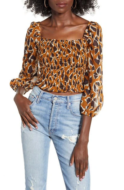 Shop Joa Smocked Jacquard Woven Crop Top In Latte