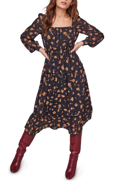 Shop Astr Padma Floral Square Neck Long Sleeve Dress In Black Amber Floral