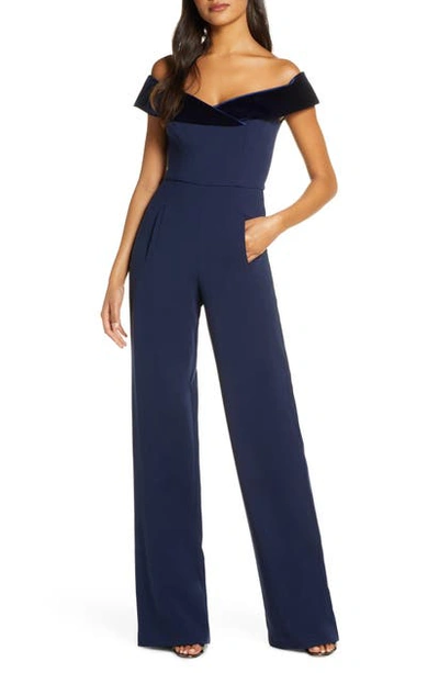 Shop Black Halo Yoli Velvet Trim Off The Shoulder Jumpsuit In Navy/ Pacific Blue