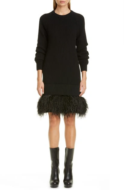 Shop Michael Kors Ostrich Feather Hem Cashmere Sweater Dress In Black
