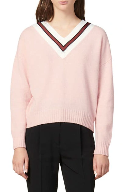 Shop Sandro Stripes V-neck Wool Blend Sweater In Pink