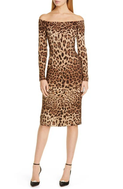 Shop Dolce & Gabbana Off The Shoulder Leopard Print Long Sleeve Wool Dress