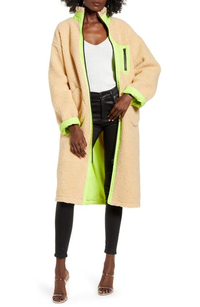 Shop Joa Longline Teddy Fleece Coat In Cream Multi