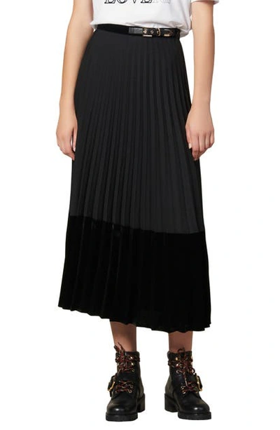 Shop Sandro Velna Velvet Detail Pleated Midi Skirt In Black