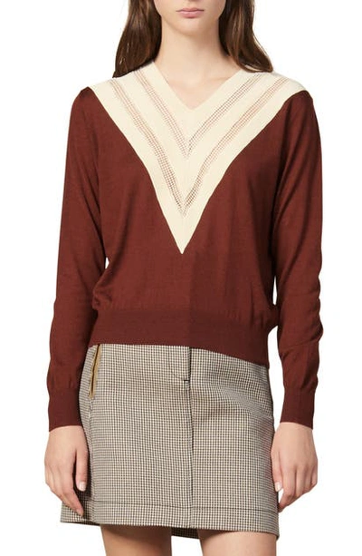 Shop Sandro Jone Mesh Inset Wool Blend Sweater In Brown