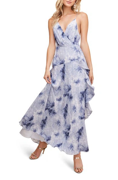Shop Astr Floral Ruffle Detail Maxi Dress In Blue Tie Dye