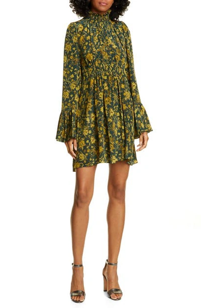 Shop Amur Sorah Floral Print Long Sleeve Silk Minidress In Emerald