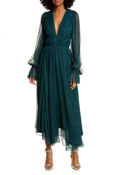 Shop Amur Heidi Metallic Stripe Long Sleeve Silk Blend Dress In Deep Emerald