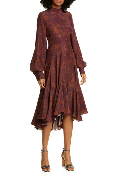 Shop Amur Wilder Paisley Long Sleeve Silk Dress In Eggplant