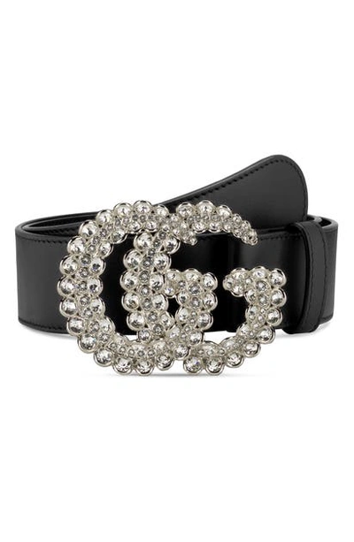 Shop Gucci Gg Crystal Buckle Leather Belt In Nero/ Crystal