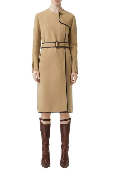 Shop Burberry Leather Trim Long Sleeve Trench Dress In Honey