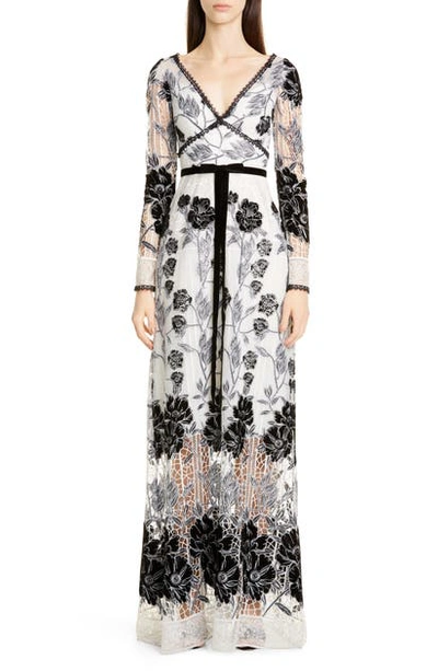 Shop Marchesa Notte Long Sleeve Embroidered Lace Gown In Ivory/ Black