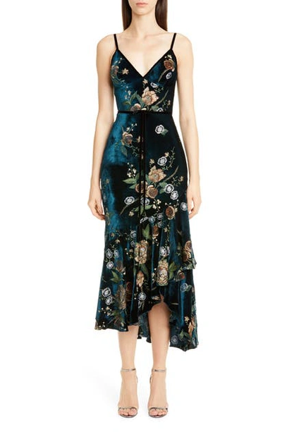 Shop Marchesa Notte Floral Embroidered Velvet High/low Dress In Teal