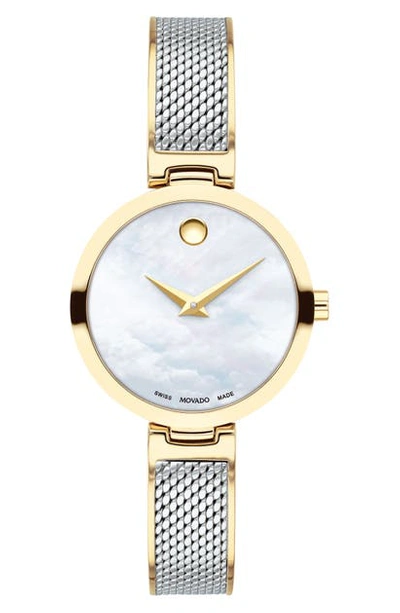 Shop Movado Amika Mesh Bracelet Watch, 27mm In Silver/ White Mop/ Gold
