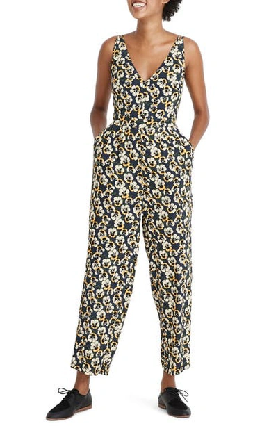 Shop Madewell Viola Floral V-neck Sleeveless Jumpsuit In Pansy Floral Autumn Navy