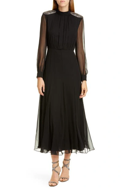 Shop Saloni Jacqui Silk Long Sleeve Midi Dress In Black/ Geo Emb