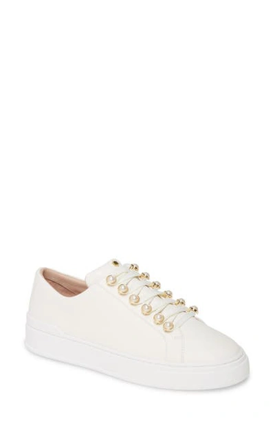 Shop Stuart Weitzman Excelsa Imitation Pearl Embellished Lace-up Sneaker In Cream Dress Nappa