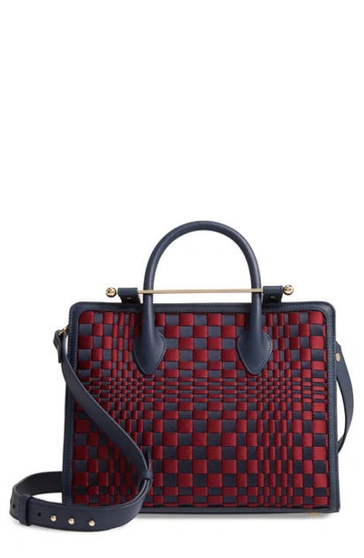 Shop Strathberry Midi Weave Satin & Leather Tote In Navy/ Burgundy