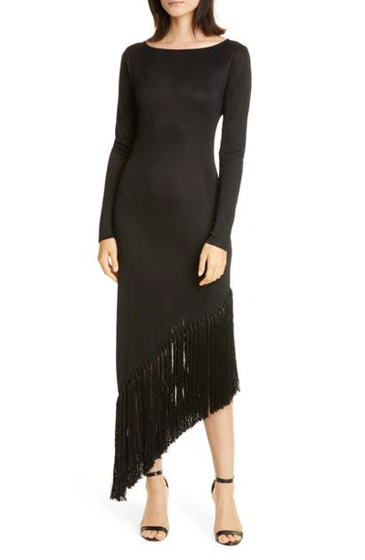 Shop Cult Gaia Sharona Asymmetrical Fringe Long Sleeve Midi Dress In Black