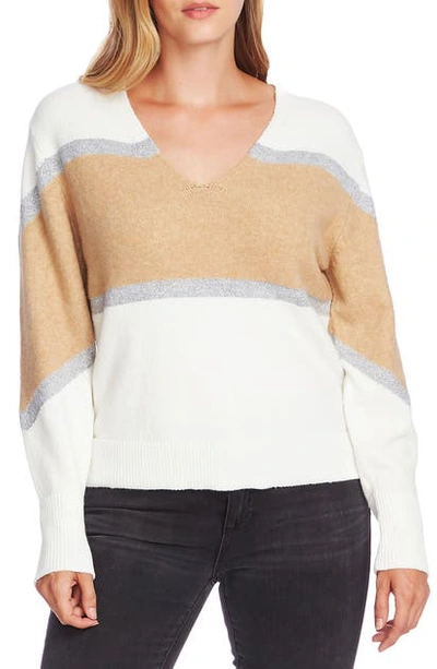 Shop Vince Camuto Bishop Sleeve Colorblock V-neck Sweater In Antique White