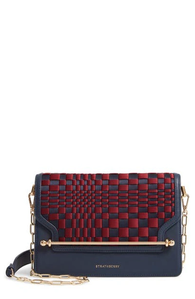 Shop Strathberry Weave East/west Satin & Leather Crossbody Bag In Navy/ Burgundy