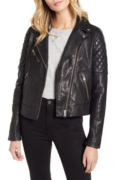 Shop Lamarque Quilted Shoulder Leather Biker Jacket In Black