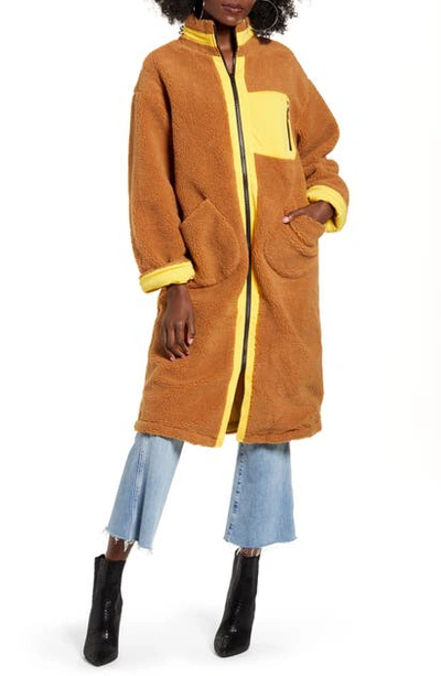 Shop Joa Zip Up Teddy Long Coat In Brown