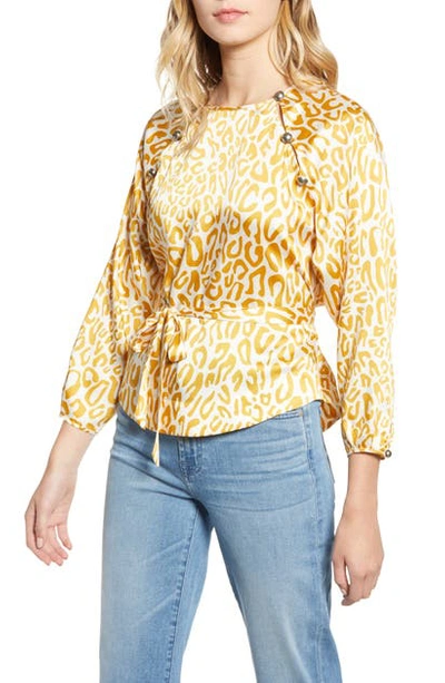 Shop Rebecca Minkoff Angelina Leopard Print Tie Waist Blouse In Golden Yellow Multi