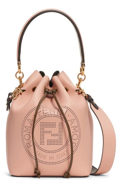 Shop Fendi Mon Tresor Perforated Logo Leather Bucket Bag In Rosa Bourbon/ Soft Gold