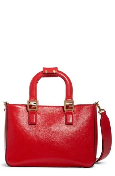 Shop Fendi Small Glacier Top Handle Leather Tote In Cardinale Red/ Soft Gold