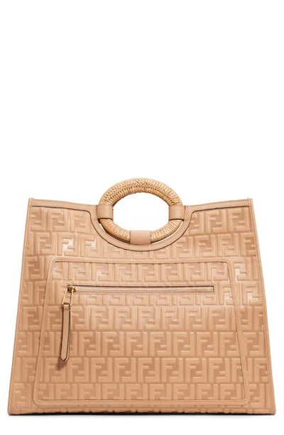 Shop Fendi Runaway Double-f Logo Leather Shopper In Make Up/ Light Gold