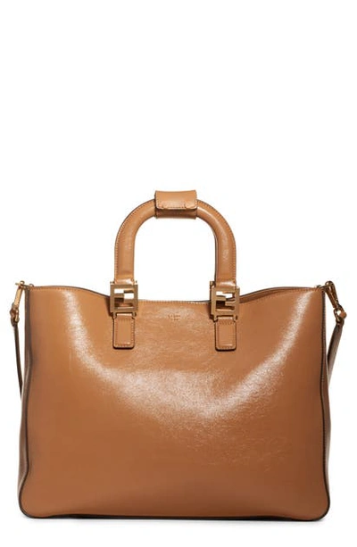 Shop Fendi Medium Ff Top Handle Leather Tote In Nut/ Soft Gold