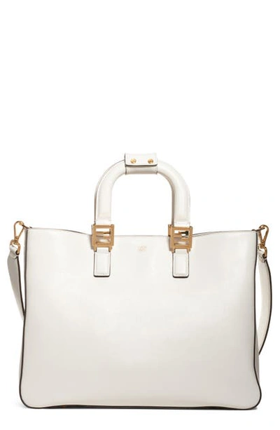 Shop Fendi Medium Ff Top Handle Leather Tote In Ice White/ Soft Gold