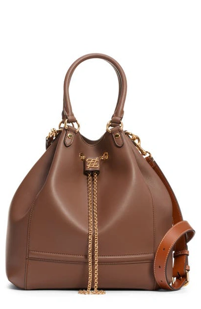 Shop Fendi Grace Chain Drawstring Leather Bucket Bag In Moka/ Cuoio/ Soft Gold