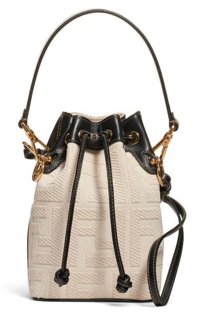 Shop Fendi Mini Mon Tresor Logo Canvas Bucket Bag In Raw/ Black/ Soft Gold