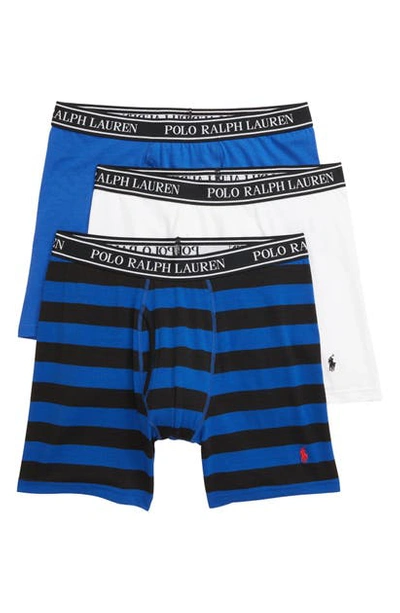 Shop Polo Ralph Lauren 3-pack Cotton Blend Boxer Briefs In White/ Stripe/ Blue