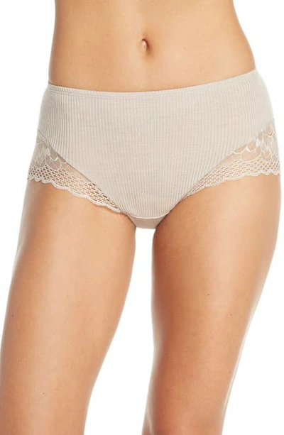 Shop Hanro Rubina Lace Trim Wool & Silk Briefs In Stone