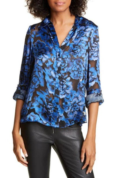 Shop Alice And Olivia Eloise Roll Tab Floral Burnout Top In Floral Dream Azure