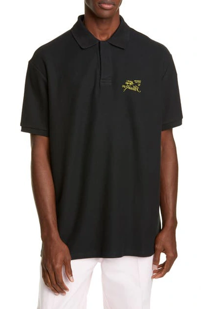 Shop Raf Simons Illusion Embroidered Short Sleeve Pique Polo In Black