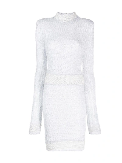 Shop Balmain Pearl And Sequin Embellished Knitted Dress In White