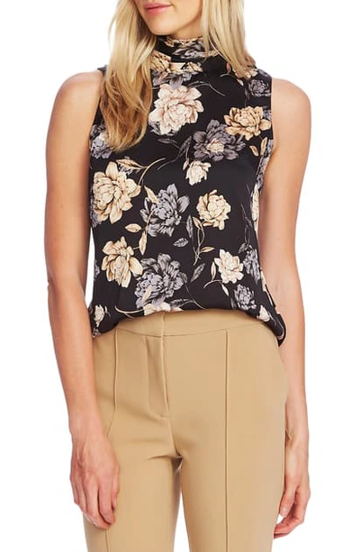Shop Vince Camuto Enchanted Floral Sleeveless Hammered Satin Blouse In Rich Black