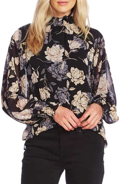 Shop Vince Camuto Enchanted Floral High Neck Long Sleeve Chiffon Blouse In Rich Black