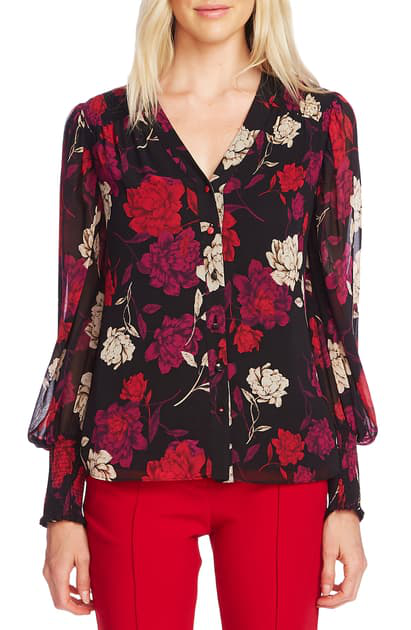 Vince Camuto Enchanted Floral High Neck Long Sleeve Chiffon Blouse In ...