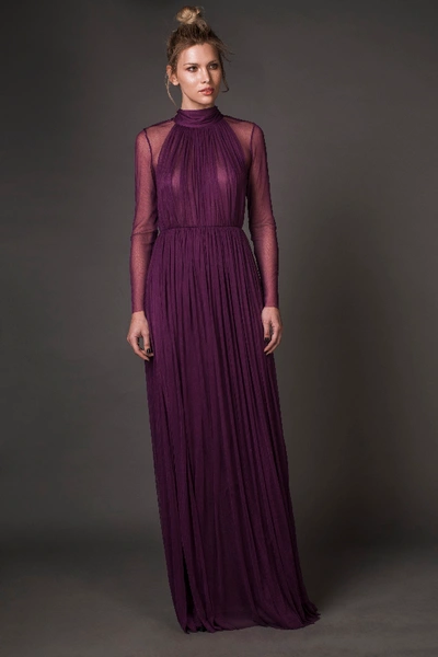 Shop Aureliana Silk Tulle Gown With Ostrich Feathers In Purple