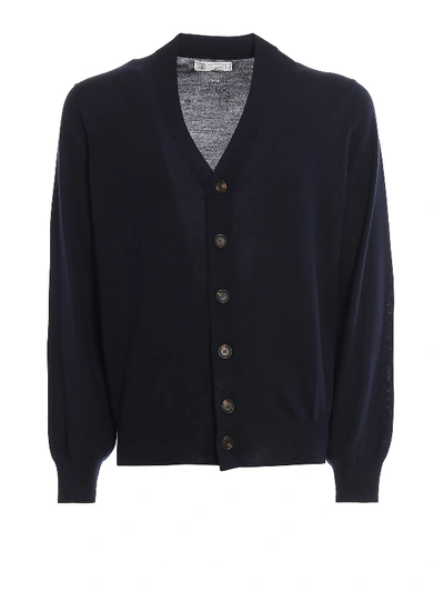 Shop Brunello Cucinelli Blue Virgin Wool And Cashmere Cardigan