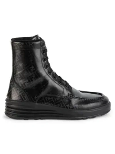 Shop Fendi Ff Logo Leather Combat Boots In Black