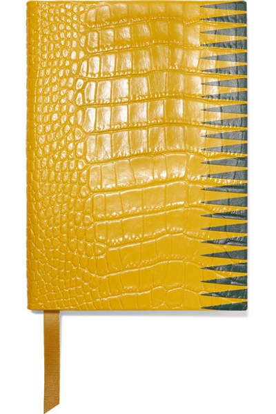 Shop Smythson Soho Printed Croc-effect Glossed-leather Notebook In Yellow