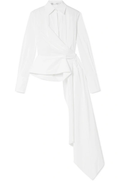 Shop Oscar De La Renta Draped Cotton-blend Poplin Wrap Shirt In White