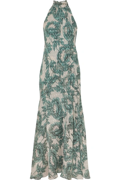 Shop Diane Von Furstenberg Leeann Floral-print Fil Coupé Silk-blend Chiffon Halterneck Maxi Dress In Green